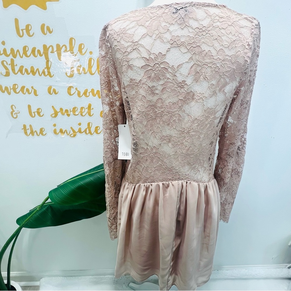 TOBI Blush Pink Nude Lace Scallop Plunge Chiffon Mini Dress Bell Sleeve … - Picture 10 of 16